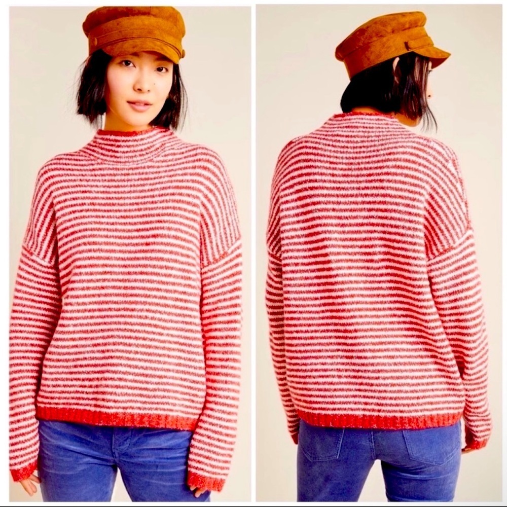 Anthropologie Women Lienna Mock Neck Sweater | Size XS | Red | White |